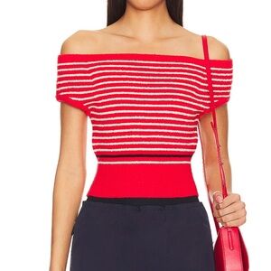 Monrow Red and White Striped Off-Shoulder Top